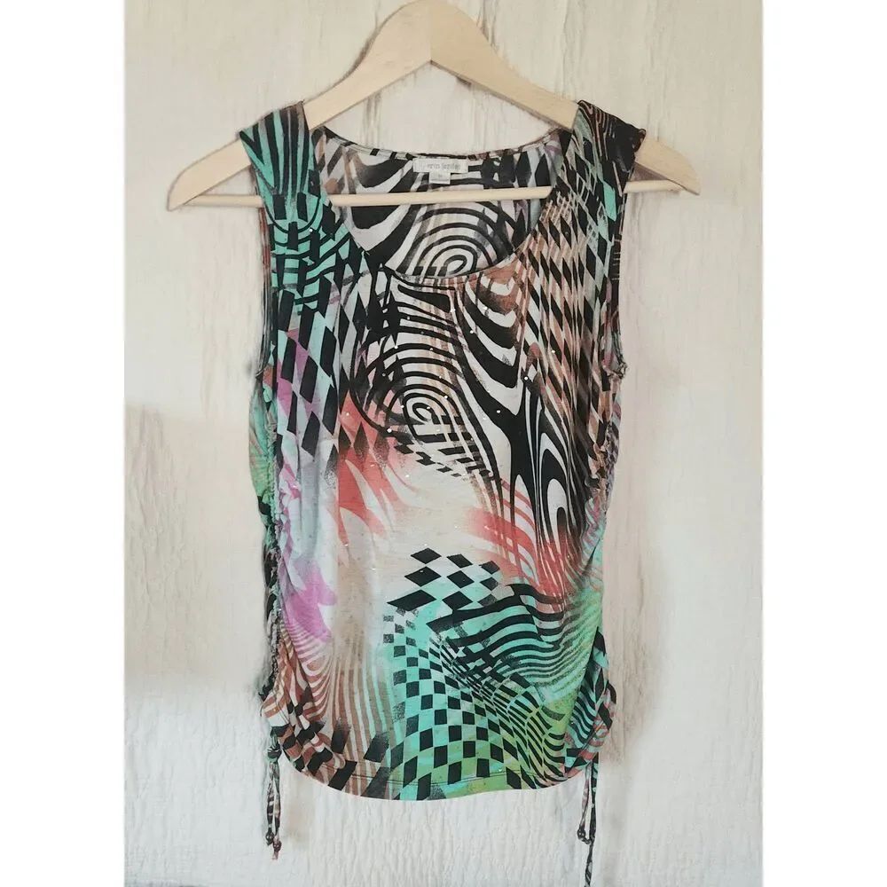 F26 Erin London colorful sparkly tank blouse w ruching & ties at sides Sz Med